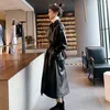 Trench Coats Feminino Moda Casaco De Couro Para Mulheres Manga Comprida Lapela Caimento Solto Outono Roupas Pretas Streetwear Outerwear Primavera Outono