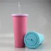 Tobeurs de 16 oz en acrylique mate avec couvercles colorés Paies colorées courtes bouteilles d'eau de sport en plastique gras double mur à boire des tasses de lait A12