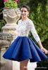 White And Royal Blue Evening Dresses Short 3/4 Long Sleeves Satin A Line Sexy Illusion Back Lace Applique Prom Tail Party Gown 403 403