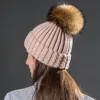 Bonnet / Skull Caps Sole Crowd Automne Hiver Chaud Tricoté Twist Laine Chapeaux Pour Femmes Avec Naturel Fourrure De Raton Laveur Pompon Mode Chapeau Femme Bonnets