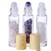 Diffusor für ätherische Öle, 10 ml, klare Glas-Roll-on-Parfümflaschen mit zerkleinertem Naturkristall, Quarzstein, Kristallen, Rollerball, Holzmaserung, Kappe