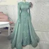 2022 Elegant Sage Muslim A-Line Formal Evening Dresses with Long Sleeve Peplum Appliques Lace Moroccan Kaftan Prom Party Gowns Dubai Arabic Special Occasion Wear