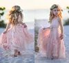 Vintage Bloem Meisje Trouwjurken Halter Prinses Kids Birthday Party Gowns Uniek Design 3D Handgemaakte Bloemen Kant Meisjes Pageant Jurk