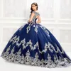 Robe de bal perlée bleu marine robes de Quinceanera paillettes Bateau cou dentelle Appliqued robes de bal balayage train Tulle Sweet 15 robe