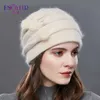 ENJOYFUR femmes hiver cachemire tricoté chapeaux vison naturel pompon rayure fille bonnet mode chaud femme extérieure marque bonnets 211228