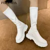 Boots FOREADA Natural Genuine Leather Women Flat Platform Knee High Round Toe Long Lady Slim Stretch Shoes White 40