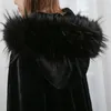 Nerazzurri black hooded cloak vintage women loose oversized long faux fur cape coat with faux fox fur trim thick warm cloak 2010297300131