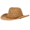ジェムビーカウボーイハット夏の帽子のための夏の女性用紙ストロー織りの広いブリムホロウアウトストローハットウィンドラニードユニセックスビーチサンハットY200602