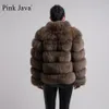 Różowy Java QC8139 Kobiety Zima gruba futrzana płaszcz prawdziwa kurtka futra wysokiej jakości stojak na kołnierz luksus 201214