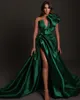 Sexy verde escuro uma linha vestidos de baile um ombro v decote vestido vestido de cetim babados pregas drapeado chão comprimento alto lado split vestido de noite formal