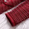 2021 Spring 4/5 Long Sleeve Round Neck Red Plaid Knitted Panelled Buttons Short Mini Dress Elegant Casual Dresses MD3188210