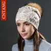 CNTANG Femmes Hiver Chaud Chapeaux Mode Bronzage Léopard Chapeaux Avec Naturel Pompon Fourrure Casquettes Femelle Tricoté Laine Chapeau Raccoon Bonnets1