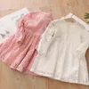 Spring Autumn 3 4 6 8 10 to 12 Years Child England Style Princess Pearl Lace Knee Length Kids Baby Girl Long Sleeve Dress 211231