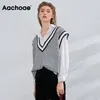 Aachoae خمر houndstooth سترة سترة النساء شيك الخامس الرقبة منقوشة أكمام البلوز قمم عارضة فضفاض محبوك صدرية 201109