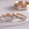 Anéis de Casal Espumantes Joias de Luxo Prata Esterlina 925 Ouro Rosa Preenchimento Princesa Corte Branco Topázio CZ Diamante Feminino Aliança de Casamento Anel Presente