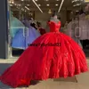 赤いvestido de 15 anos Quinceaneraドレス3 dのアップリケビーズ2個の甘い16ドレスの恋人の恋人のパージェントのガウンスイープ列車