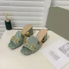 デザイナーのサンダルdupe aaaaa double mules slippers革ハイヒールサンダル女性織りスリッパ刺繍シープスキンサンダルポイントドレスシューズ