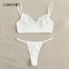 Colrovie Branco Contraste Floral Renda Rib-Knit Underwire Lingerie Set Mulheres Bra e Tangas V-String Sólida Sexy Lingerie Sets LJ201031