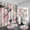 Big Flower Shower Curtain Mat Set with Carpet Bath Screen for Home Hotel Bathtub Partition Mold Proof Durable Curtains Hooks 201030