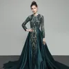 Hot sale Elegant Muslim Green Long Sleeves Evening Dresses With Detachable Train Sequin Bling Moroccan Kaftan Formal Party Gown 201114