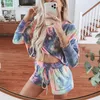 KALENMOS 2 Piece Sets Women Tie Dye Gradient Homewear Casual Tshirt Biker Shorts Sports Tracksuits Sleepwear Pajamas Lounge Wear 201104