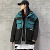 Hommes Hip Hop Cargo à capuche rembourré vestes couleur bloc Patchwork réfléchissant Streetwear Harajuku 2021 hiver chaud Parka coton manteaux1