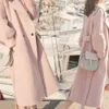 Trencheira de lã mais veludo moda feminina rosa elegente outono inverno feminino lanterna casual manga longa slim high 201222
