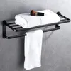 Aluminum Alloy Folding Bathroom Towel Rack Black Oil Brushed Foldable Fixed Holder Shelves Rail Y200407