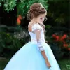 Céu lindo azul laço branco vestidos de festa formais para o convidado de casamento alta jóia corporta volta flor menina vestido com mangas graduação de pageant