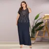 Siskakia Plus Size Abito lungo con perline ricamato Blu scuro Abiti lunghi casual vintage Estate 2020 Scollo a V allentato Manica corta Nuovo LJ200818