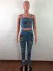 Panie Cartoon Patchwork Denim 2 Sztuk Zestawy Moda Trend Sling Kamizelki Topy Skinny Jeans Kobiety Garnitwór Designer Lato Kobiet Sexy Dwuczęściowe Spodnie