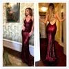 Bling Bling Burgundia Cekiny Prom Dresses Sexy Spaghetti Paski Backless Formalna Sukienka Długa Syrenka Suknia Wieczorowa Robe de Soiree