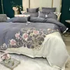 Satin Washed Silk Cotton Flowers Embroidery Bedding Set Double Duvet Cover Set Bed Linen Fitted Sheet Pillowcases Home Textile 201021