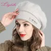 Liliyabaihe New Style Women's Winter Beret Crocheted Angora Wool Berets Bicolour Mixing Hat with Double Heated Hat Cap Y200102