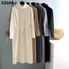 autumn winter Women turtleneck loose long Sweater dress robe Knitted Sweaters Drawstring dress Female oversize maxi dress 201110