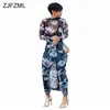 ZJFZML Plus Size Floral Mesh Women Maksi Sukienka Długie rękawowe Przechodnie Zobacz przez klub Sexy Dress Party Lats Beach Sukienki T200516