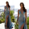 Sexy Sky Blue Diepe V-hals Mermaid Prom Dresses Spaghetti Riemen met Side Split Sweep Train Avond Feestjurk