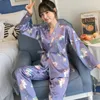 Silka Surplus Summer Silk Kimono Pyjama Sets voor Vrouwen Eenhoorn Afdrukken Nachtkleding Homewear Pijama Mujer Loungewear Homeclothes T200707