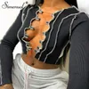 Fashion-Simenual Patchwork Lace Up Long Sleeve Crop Tops Women Ribbed Sexy Party Knitwear T-Shirt Hollow Out Bodycon Club Tie Front Top