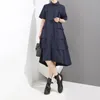 New 2020 Korean Style Women Fashion Navy Blue Shirt Dress Long Sleeve Cascading Ruffle Ladies Elegant Party Midi Dress Robe LJ200818
