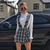 Beavant A-Line Tweed Plaid Kobiety Spódnica Romper Jesień Zima Casual Damska Winter Skort Spaghetti Pasek Kobiet Mini Ogólna spódnica Y200704