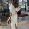 Dames Casual Effen Kleur Lange Jurk Elegant Off Shoulder Cape Design Skinny Party Jurk Herfst Mode Back Bow Dress Vestido G0214