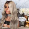 Lace Front simulation Human Hair Wigs Brazilian Body Wave Bleached Knots 150% Density Ombre Grey synthetic lace wig For Women