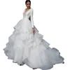Romantic V-Neck Long Sleeve Beach Wedding Dress A-Line Ruffles Organza Court Train Princess White Bride Gowns Sheer Open Back Plus Size Boho Bridal Dresses
