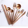 Juego de cubiertos de oro rosa Cuchillos de mantequilla Palillo Cuchillo para carne Tenedor Cuchara de café Cuchara de café Fiesta en casa Viajes Boda Noble T JLLVFP