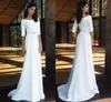 2021 Simple Wedding Dress Boat Neck Half Sleeves Beading Sashes Floor Length Long Bridal Gowms Vestido De Novia Mairee