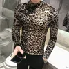 Leopard Half Turtleneck Tshirt Men Slim Fit Velvet T Shirt Men Long Sleeve Autumn Nightclub Party Streetwear Tops Tee Homme 201116