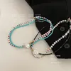 Cute Sea Blue Hand-made Beaded Double-layer Necklace Korean Baroque Pearl Alphabet Necklace CX220303