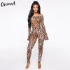 OrangeA women off shoulder leopard print matching set long sleeve bodysuits leggings stretchy two piece outfits fashion clubwear Tracksuits