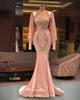 Plus Size Arabic Aso Ebi Luxurious Mermaid Sexy Prom Dresses Peach Pink Lace Beaded Long Sleeves Evening Formal Party Second Reception Gowns Dress